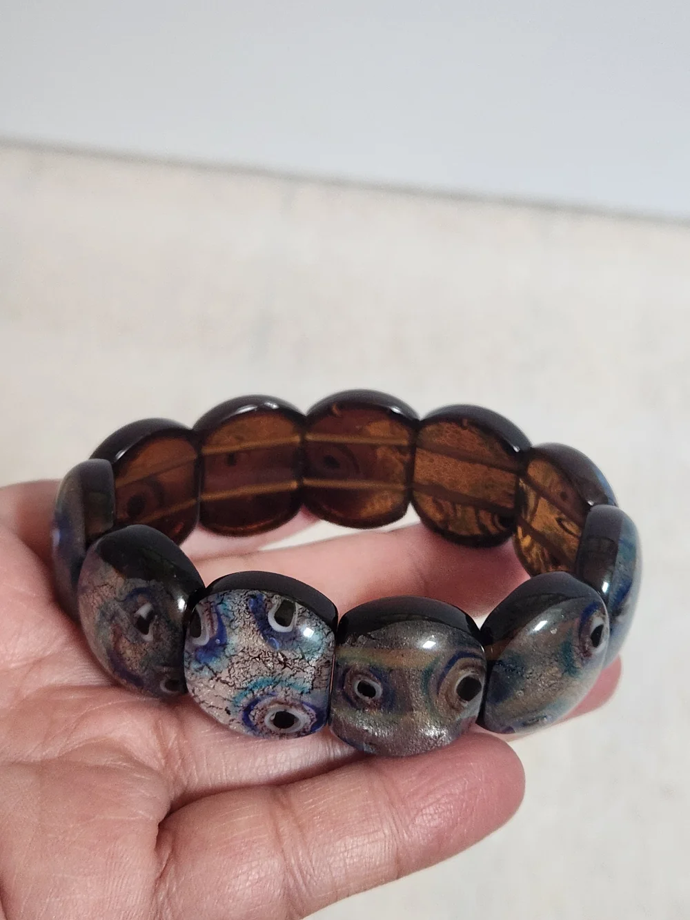 Murano Glass Blue Silver Brown Stretch Bracelet
